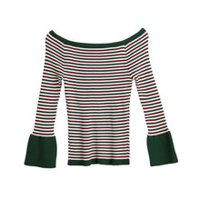 Women Knitted Sweater Striped Slash Neck Flare Sleeve High Elastic Pullover Ladies Slim Tops Knitwear TIML66 TIML66