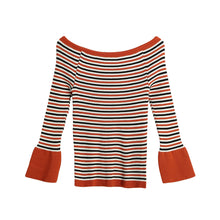 Women Knitted Sweater Striped Slash Neck Flare Sleeve High Elastic Pullover Ladies Slim Tops Knitwear TIML66 TIML66