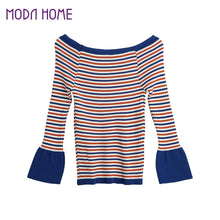 Women Knitted Sweater Striped Slash Neck Flare Sleeve High Elastic Pullover Ladies Slim Tops Knitwear TIML66 TIML66