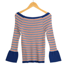Women Knitted Sweater Striped Slash Neck Flare Sleeve High Elastic Pullover Ladies Slim Tops Knitwear TIML66 TIML66