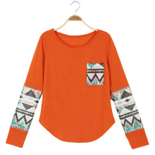 Casual T-Shirt Women Geometry Print Sequin Patchwork Pocket Tee Round Neck Long Sleeve Women Tops Plus Size TIML66 TIML66