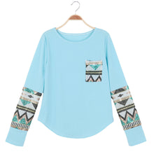 casual t-shirts women geometry print sequin patchwork pocket tee round neck long sleeve women tops plus size TIML66