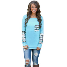 casual t-shirts women geometry print sequin patchwork pocket tee round neck long sleeve women tops plus size TIML66