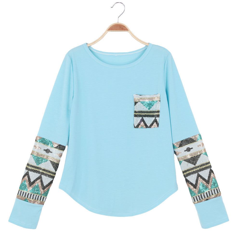 casual t-shirts women geometry print sequin patchwork pocket tee round neck long sleeve women tops plus size TIML66