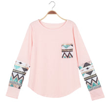 Casual T-Shirt Women Geometry Print Sequin Patchwork Pocket Tee Round Neck Long Sleeve Women Tops Plus Size TIML66 TIML66