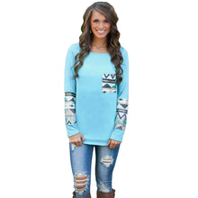 Casual T-Shirt Women Geometry Print Sequin Patchwork Pocket Tee Round Neck Long Sleeve Women Tops Plus Size TIML66 TIML66