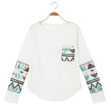 Casual T-Shirt Women Geometry Print Sequin Patchwork Pocket Tee Round Neck Long Sleeve Women Tops Plus Size TIML66 TIML66