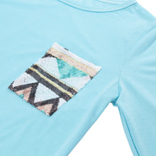 casual t-shirts women geometry print sequin patchwork pocket tee round neck long sleeve women tops plus size TIML66