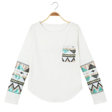 casual t-shirts women geometry print sequin patchwork pocket tee round neck long sleeve women tops plus size TIML66