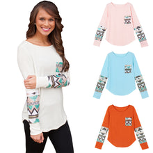 Casual T-Shirt Women Geometry Print Sequin Patchwork Pocket Tee Round Neck Long Sleeve Women Tops Plus Size TIML66 TIML66