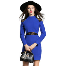 dress women woollen lace dress insert slit back stand neck elegant party dress back zipper slim dress blue TIML66