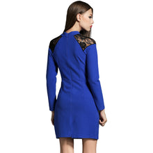dress women woollen lace dress insert slit back stand neck elegant party dress back zipper slim dress blue TIML66