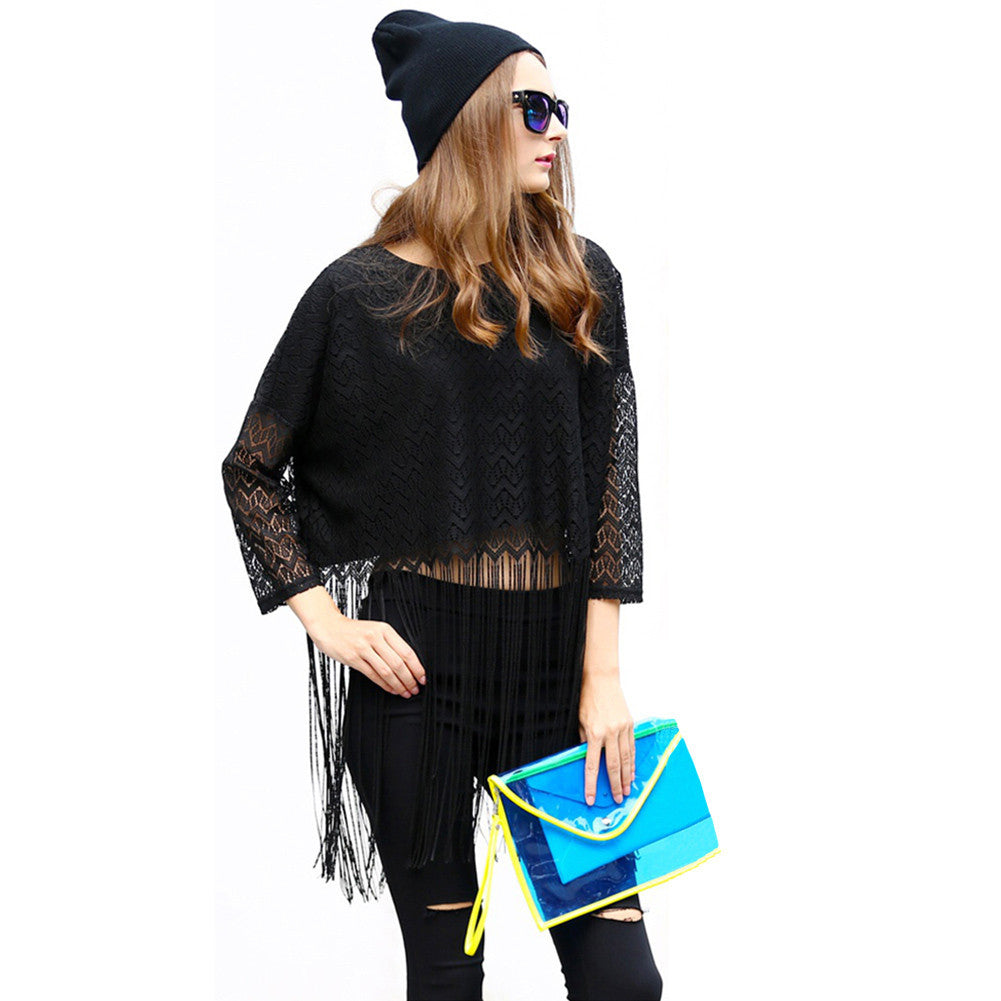 sexy women blouses girl lace long tassel hollow out 3/4 sleeve casual loose women tops blusas streetwear TIML66