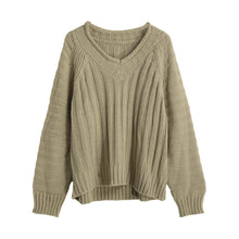 women knitted sweater vertical horizontal stripes v neck women tops long sleeves loose warm pullover blusas TIML66