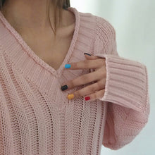 women knitted sweater vertical horizontal stripes v neck women tops long sleeves loose warm pullover blusas TIML66
