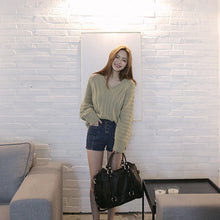women knitted sweater vertical horizontal stripes v neck women tops long sleeves loose warm pullover blusas TIML66