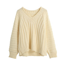 women knitted sweater vertical horizontal stripes v neck women tops long sleeves loose warm pullover blusas TIML66