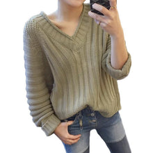 women knitted sweater vertical horizontal stripes v neck women tops long sleeves loose warm pullover blusas TIML66