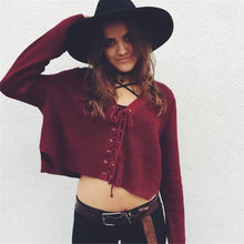 Women Sweaters And Pullovers Lace Up V-Neck Jumper Long Sleeve Casual Crop Knitted Tops BlackBurgundy Knit TIML66 TIML66