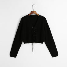 Women Sweaters And Pullovers Lace Up V-Neck Jumper Long Sleeve Casual Crop Knitted Tops BlackBurgundy Knit TIML66 TIML66
