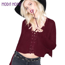 Women Sweaters And Pullovers Lace Up V-Neck Jumper Long Sleeve Casual Crop Knitted Tops BlackBurgundy Knit TIML66 TIML66