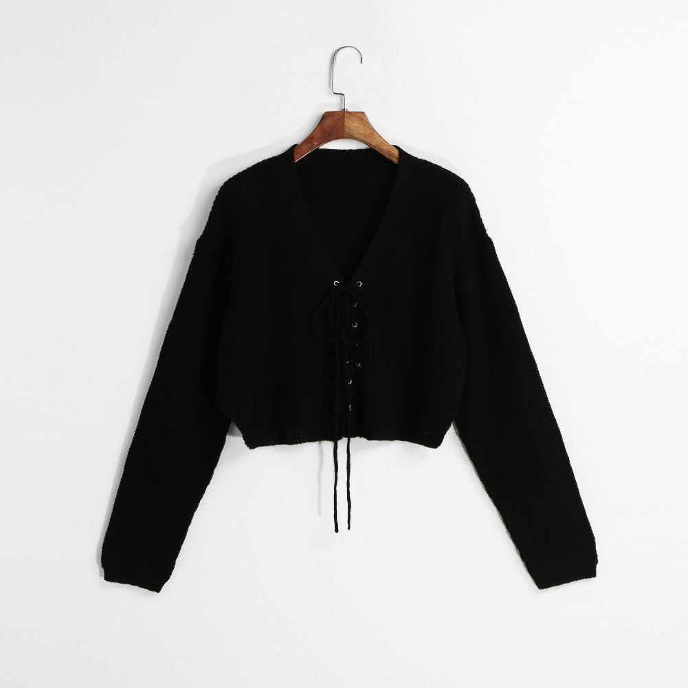 Women Sweaters And Pullovers Lace Up V-Neck Jumper Long Sleeve Casual Crop Knitted Tops BlackBurgundy Knit TIML66 TIML66