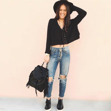 Women Sweaters And Pullovers Lace Up V-Neck Jumper Long Sleeve Casual Crop Knitted Tops BlackBurgundy Knit TIML66 TIML66