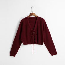 Women Sweaters And Pullovers Lace Up V-Neck Jumper Long Sleeve Casual Crop Knitted Tops BlackBurgundy Knit TIML66 TIML66