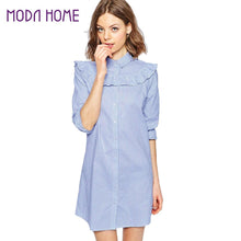 Women Dress Turn-Down Long Sleeve Striped Print Vintage Dress Ruffle Shirt Dress Plus Size Casual Dresses Vestidos TIML66 TIML66