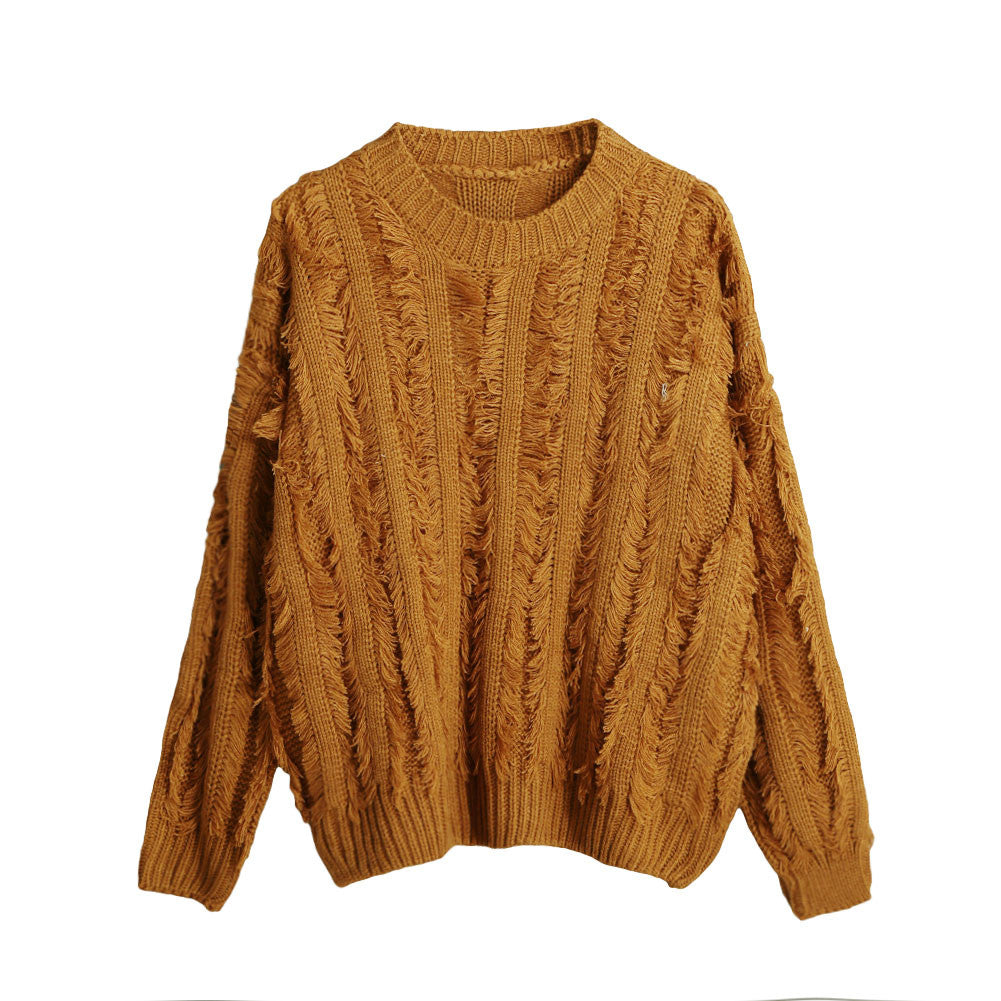 Women Knitted Sweater Tassels Fringed Solid O-Neck Long Sleeve Casual Loose Warm Jumper Pullover Knitwear TIML66 TIML66