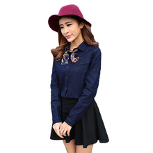 denim women blouses solidcolor button placket long sleeve shirt scarf casual blouse women tops blusas blue TIML66
