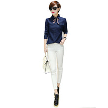 denim women blouses solidcolor button placket long sleeve shirt scarf casual blouse women tops blusas blue TIML66