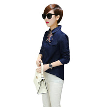 denim women blouses solidcolor button placket long sleeve shirt scarf casual blouse women tops blusas blue TIML66