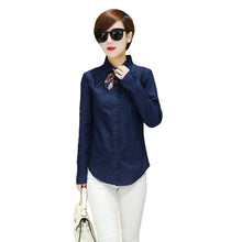 denim women blouses solidcolor button placket long sleeve shirt scarf casual blouse women tops blusas blue TIML66