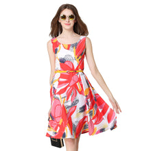 Europe Women Elegant Dress Floral Print Dress Flower Sleeveless O Neck Slim Lady Office Dress with Belt Red TIML66 TIML66