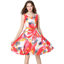 europe women elegant dress floral print dress flower sleeveless o neck slim lady office dress with belt red TIML66