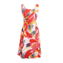 Europe Women Elegant Dress Floral Print Dress Flower Sleeveless O Neck Slim Lady Office Dress with Belt Red TIML66 TIML66