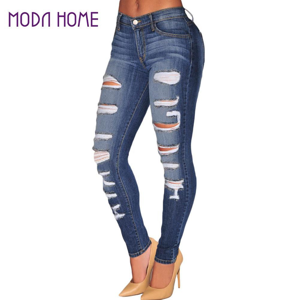 fall women denim destroyed skinny jeans high waist jeans woman stretchy ripped hole pencil pants vaqueros mujer TIML66