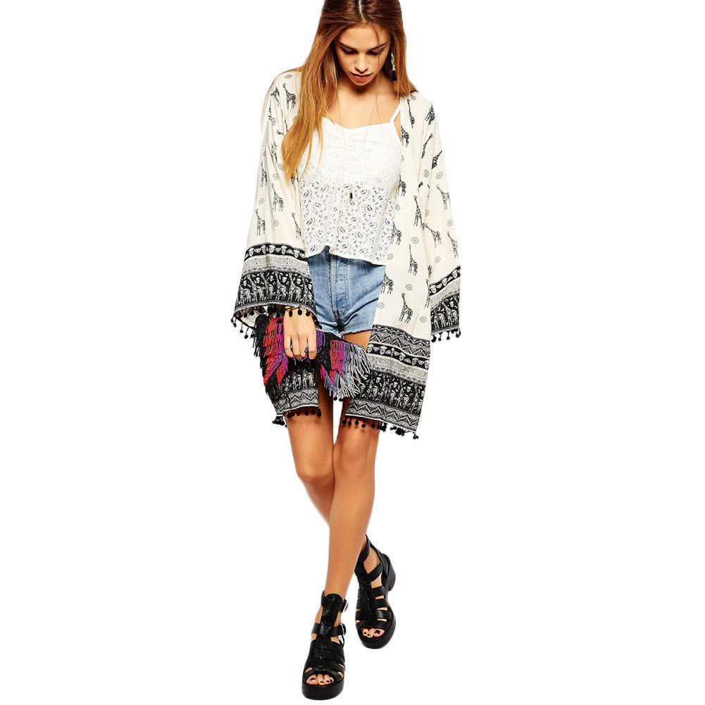 Animal Print Women Blouses Open Front Tassel Kimono Cardigan Long Sleeve Kimono Casual Shirt Women Blusas TIML66 TIML66