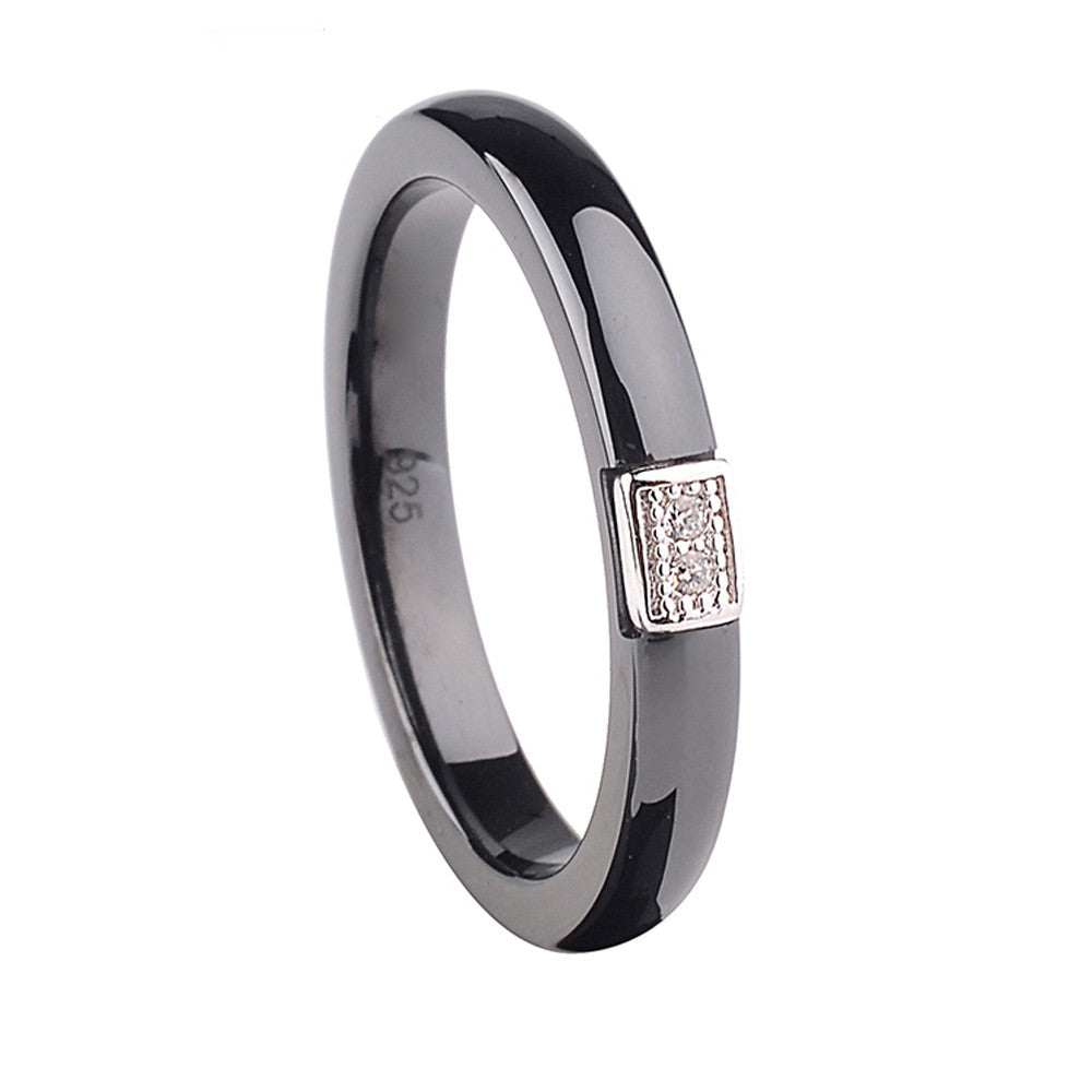 polished ceramic ring with5 sterling silver amp cz diamond embedded white gold electroplated size 7   TIML66