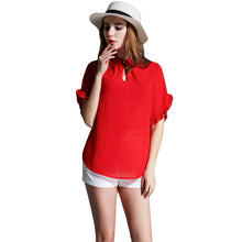 women blouses turn down collar keyhole chiffon shirt button front ruffled cuff plus size women tops red TIML66