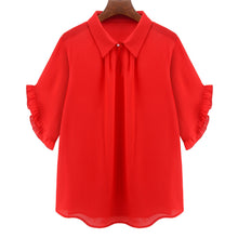 women blouses turn down collar keyhole chiffon shirt button front ruffled cuff plus size women tops red TIML66