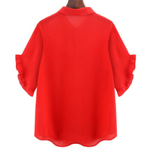 women blouses turn down collar keyhole chiffon shirt button front ruffled cuff plus size women tops red TIML66
