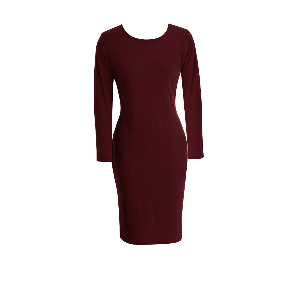 Women Bodycon Dress Round Neck Long Sleeve Casual Sheath Slim Mid-Calf Dress GreyLight GreyBurgundy Dress TIML66 TIML66