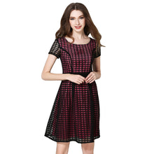 women dress plaid check hollow out o neck elegant evening party dress short sleeve slim ol a line dress TIML66
