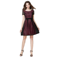 women dress plaid check hollow out o neck elegant evening party dress short sleeve slim ol a line dress TIML66