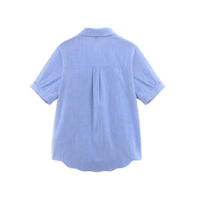 women shirt plus size cotton blouse stripe turn down collar button closure short sleeve embroidery blusas blue TIML66