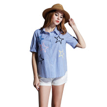 women shirt plus size cotton blouse stripe turn down collar button closure short sleeve embroidery blusas blue TIML66