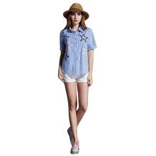 women shirt plus size cotton blouse stripe turn down collar button closure short sleeve embroidery blusas blue TIML66
