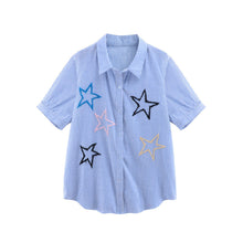 women shirt plus size cotton blouse stripe turn down collar button closure short sleeve embroidery blusas blue TIML66
